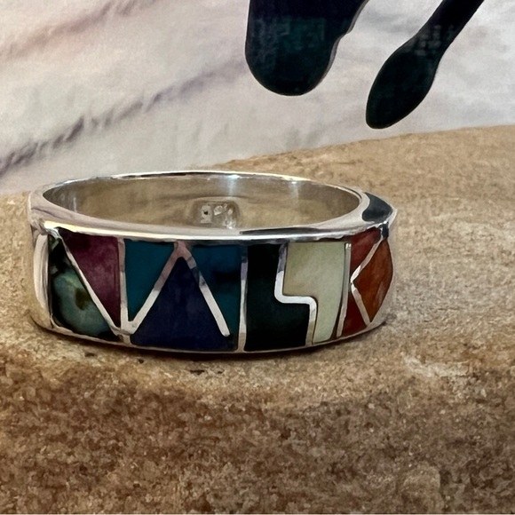 ❤️ Taxco 950 Sterling Silver Peruvian Inlaid Multi-Stone Band Ring Sz 8.5 Unisex - Picture 11 of 11